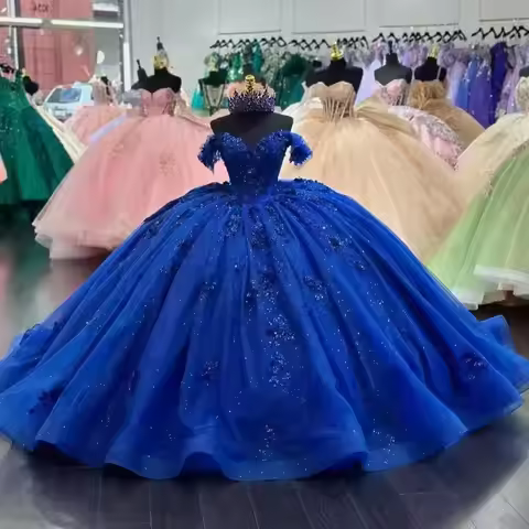 BOMARIS Royal Blue Ball Gown Quinceanera Dresses Vestidos De 15 Anos XV Glittering 3D Flower Lace Pr