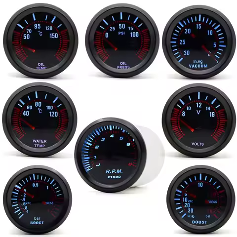2" 52mm Smoke lens Boost gauge bar psi/Vacuum/Water temp/Oil temp/Oil pressure/Voltmeter/Tachometer
