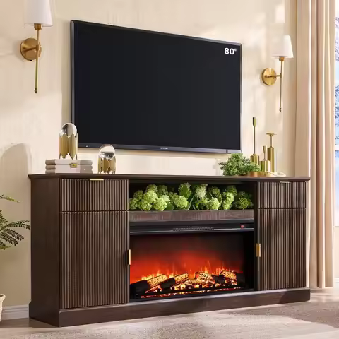 Modern Fireplace TV Stand with 36" Electric Fireplace for 80 Inch TV, with 2 Drawers,31" Tall Entert