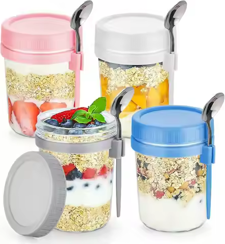 4 Pack Overnight Oats Containers With Lids And Spoons Modern 16 OZ Glass Mason Jars Set Airtight Foo