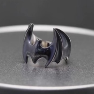 Cincin Kelelawar Batman S925 - Black Bat Adjustable Resizable Open Ring Sterling Silver / Aksesoris Warna Perak Hitam Impor Aksesoris Pria Cowok Keren Kekinian Terbaru Modern / Cool Manly Accessories For Men Punk Viking Biker Jewelry Macho Manly