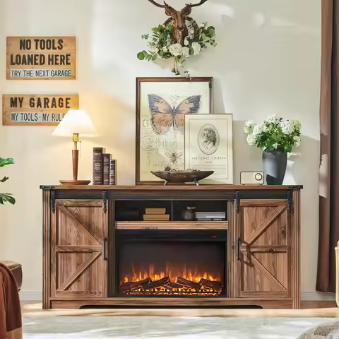 70“Fireplace TV Stand, Entertainment Center w/Drawer & Sliding Barn Door Farmhouse Fireplace TV Stan