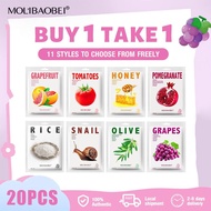 ชุด MOLIBAOBEI, 20PCS, ชุดแพทช์มาส์กผลไม้แท้คละแบบ, มาส์กหน้าคอลลาเจนและหอยทาก, มอยส์เจอไรเซอร์, [ซื