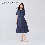GIORDANO Women Dresses Mandarin Collar Pleated Half Placket Dresses Short Sleeve Ruffle Hem Fashion
