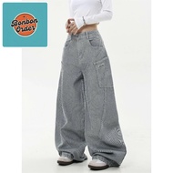 Classic American style striped wide-leg jeans for men and women, wide-leg pants with big pockets