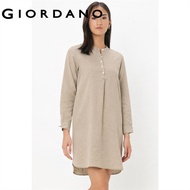 GIORDANO WOMEN Women's Linen Cotton Stand Collar Long Sleeve Dress 0 05466201