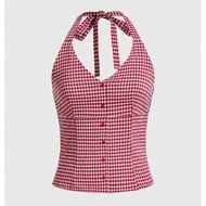 (Pre-Order) Plaid Halter Neck Top With Front Button
