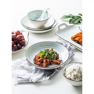 日式手繪水彩螺紋西餐盤子家用創意雙耳圓盤長盤吃飯碗湯碗早餐盤