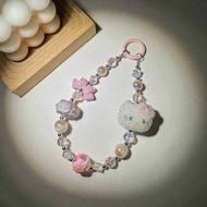 Hand-Painted Cartoon KT Cat Mobile Phone Chain Sugar-Drizzle Craft Beaded Keychain Cute Bag Pendant 