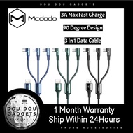 Mcdodo 90 Degree 3Amp Braided 3 in 1 Fast Charge Charging Mobile Phone Cable Kabel CA 888 3in1 3合1 快