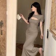 Gugui House Elegant Lady Slimming Hollow Out Chest Long Dress Short Sleeve Cotton Crewneck Summer Fa