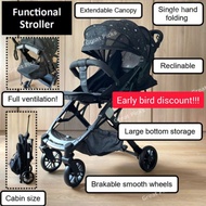 Functional reclinable cabin size black one hand folding stroller