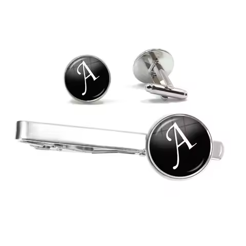 26 Alphabet Letters Print Personality Men Tie Clip & Cufflinks Set Shirt Suit Cuff Links Wedding Jew