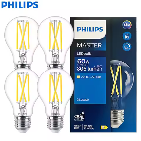 Philips Master E27 A60 LED Filament Bulb Clear Lamps 5.9W(=60W Incandesce) 220-240V DimTone Dimmable