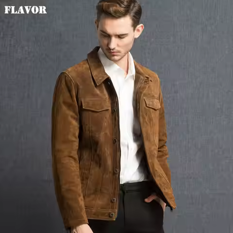 FLAVOR Men's Real Leather Jacket Pigskin Genuine Leather Jacket Men Pig Leather Denim Jacket Coat