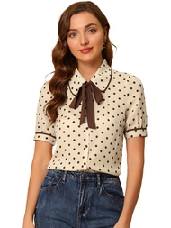 Polka Dots Blouse for Women's Peter Pan Collar Bow Tie Neck Puff Sleeve Vintage Shirt Top