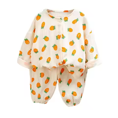 Baby Boys Girls Suit Clothes Kids Muslin Cotton Home Wear Outfit Set Three-Quarter Sleeves Tops+Pant