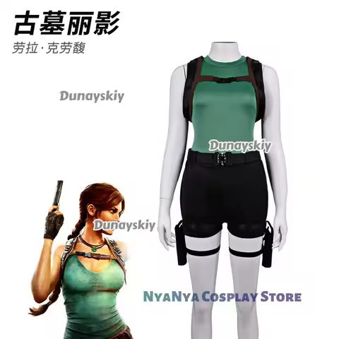 Lara Croft Cosplay Costume Full Set Green Tank Top Black Shorts with Harness Belt Halloween Adventur
