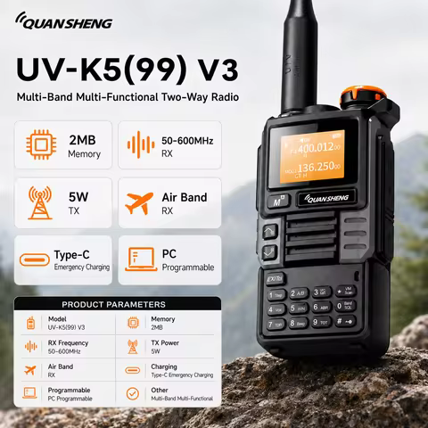 QUANSHENG UV-K5(99) V3 Walkie Talkie 2MB 50-600MHz RX Air Band AM Receive 5W Two Way Radio PC Progra