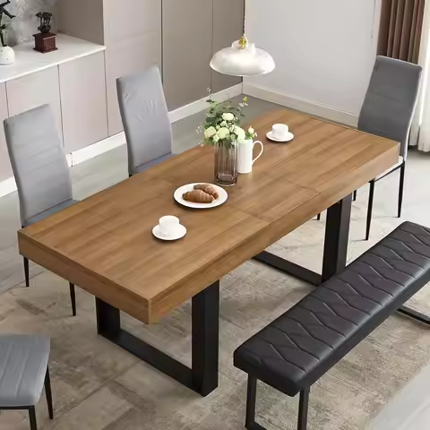 63”-79” Extendable Dining Room Table, Modern Farmhouse Wooden Kitchen Table, Long Expandable Dining 