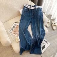 Source Label[Tall and Thin]23Early Autumn New Washed Blue Letter Belt Cool FeelinginsStraight Wide Leg Jeans