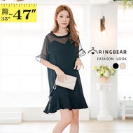 Sweet Elegant Dot Transparent Skin Stitching Chiffon Lotus Leaf Hem Dress (Black.apricot L-3L) Eye R