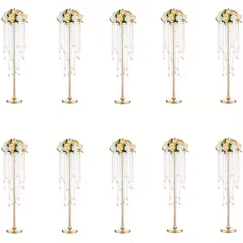 2/10 Set of Metal Gold Vases,29.6 Inch Height, Chandelier Crystal, Elegant Design, Rust-Proof, Weddi