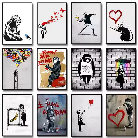Banksy Street Graffiti Decorative Canvas Painting Girl with Balloon Follow Your Dreams Monkey Art Po