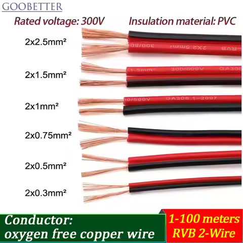 RVB 2-Wire Electric Cable Strand 1-100 Meter 0.3/0.5/0.75/1/1.5/2.5mm² Flat Twin Red/Black for Vehic