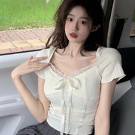 Square Neck Blouse with Lace and Bow Tie, SUPER LUXURY WAVE ELASTIC H8888