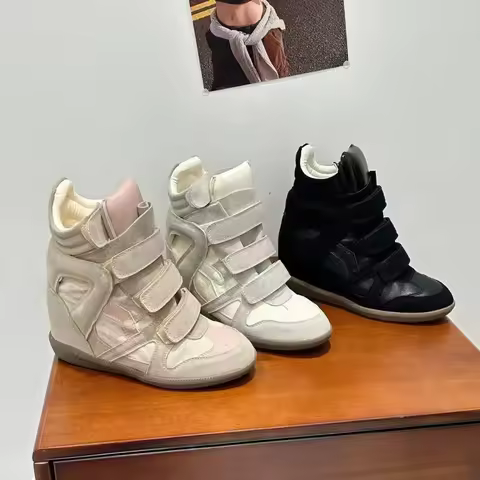 High Top Wedge Sneakers for Women Hidden Wedge Platform Shoes Velcro Straps Leather Casual Walking S