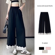 【Malaysia stock】Cropped Pants Women Loose Trendy Straight Leg Pants Wide Leg Pants Lace Casual Drape