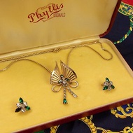 美國Phyllis品牌古董 12K包金綠寶石 現代造型胸針墜項鍊耳栓套組