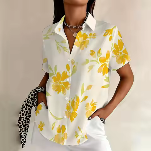 Plus-size women's elegant floral print short-sleeved shirt, mature and sophisticated style, suitable