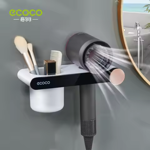 Ecoco Hair Dryer Holder Free Punching for Bathroom Organizer Shelf Storage Hanger Rack with Cable Ti