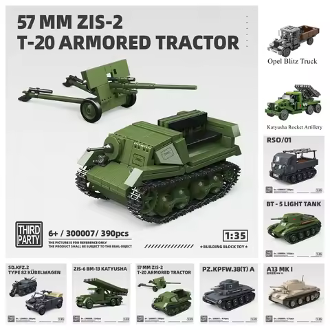57MM ZIS-2 T-20 Armored Tractor Ww2 Military Tank World War II Building Blocks Bricks Collection Mod