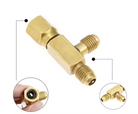 Air-conditioning 1/4inch Tee Adapter c/w Valves Core 1/4" Male Flare X 1/4" Male Flare X 1/4" Female