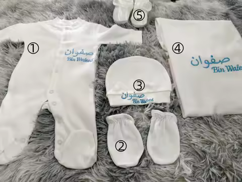 Custom Emb. Baby Boy 5Pcs Set - Pers. Newborn Home Outfit, Cotton Romper+Hat+Mitten+Shoes, Spring/Su