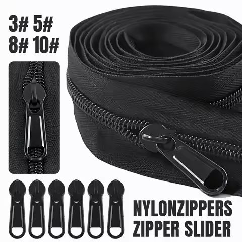 5/10M #3#5#8#10 Black Nylon Zipper with Sliders Plastic Coil Zip Tape by Meter for Bag Garment Sewin