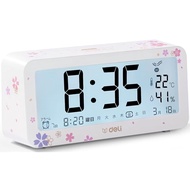 /Deli Alarm Clock Radio-controlled clock Manufacturer's 2-year warranty Cherry blossom pattern, large letters, easy to read, battery-powered, bright screen, with thermometer and hygrometer, multifunction digital clock, quiet, snooze function, compact, sim