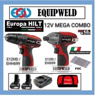 EUROPA HILT 12V COMBO E12HD + E12ID CORDLESS HAMMER DRILL +IMPACT DRIVER 4.0AH EHH699 EHI699 LIKE BO