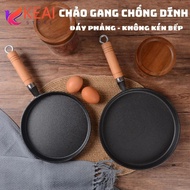 Chảo gang chống dính đáy phẳng tay cầm gỗ Chảo gang đổ bánh xèo chiên rán trứng ốp