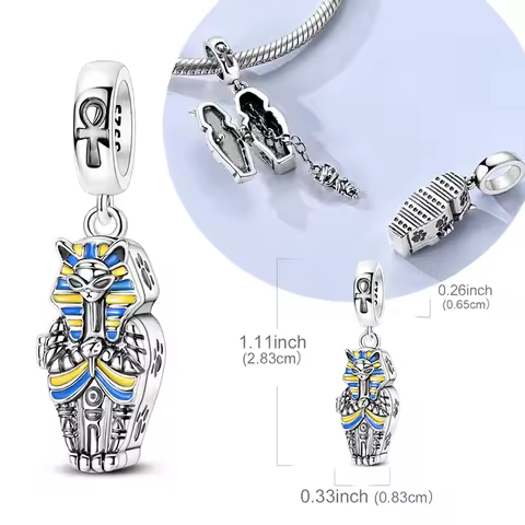 Original 925 Sterling Silver Bead Charm Openable Egypt Cat Mummy Pendant Fit Original Bracelet For W