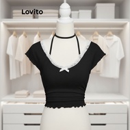 trendy5-Lovito Casual T-Shirt Plain Lace Bow T-Shirt for Women L104ED674
