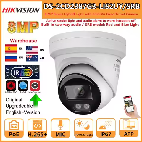 Hikvision 8MP IP Camera DS-2CD2387G3-LIS2UY/SRB Smart Hybrid Light ColorVu 2-Way Audio Turret Camera