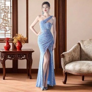 Elegant Shiny เลื่อมชุดราตรีชิ้นเดียว Hostess หรูหรา Feel ผู้หญิงแฟชั่นแขนยาวชุดราตรีพร้อมรอบเอวปกติ