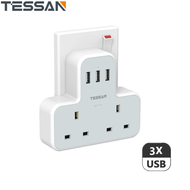 TESSAN 2 Way Multi Plug Adapter Double Socket USB Charger Multi Ports Power Adapter Shaver Plug Wall Charger Power Plug Extension with 2 AC Outlets and 3 USB Ports 3250W13A Multiplug Power Adapter 3 Pin Power Strip for Home OfficeTravel Kitchen PC