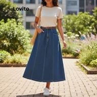 Lovito Denim Skirt Kasual Poket Wanita, Skirt Musim Panas/Musim Bunga L37AD066