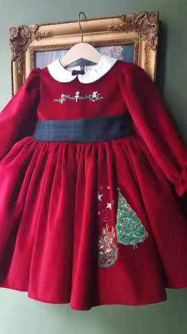 0-12Y Baby Girl Autumn Winter Red Velvet Deer Embroidery Vintage Princess Gown Dress for Eid Holiday