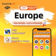 Easytripgo esim Europe 32 Countries Unlimited Roaming 5G Data |Daily 1-2GB 3-10 Hari | Instant Email
